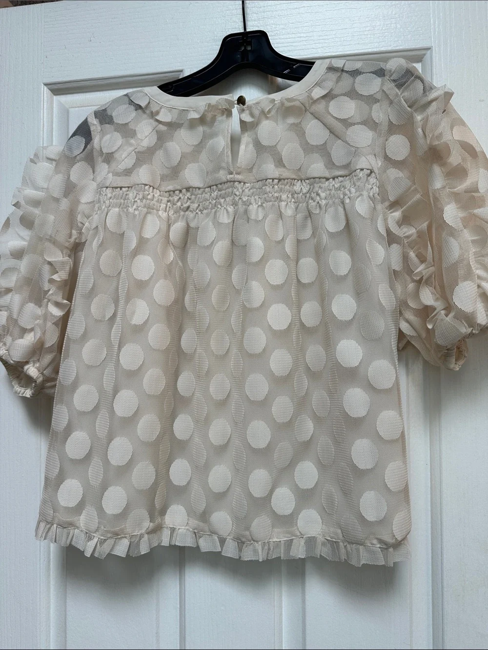 Anthropologie Cream Polka Dot Ruffle Puff Sleeve Blouse